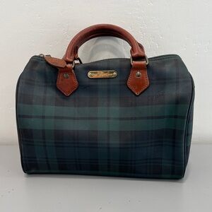 Polo by Ralph Lauren Black and Green Plaid Duffel Bag with Brown Leather Trim